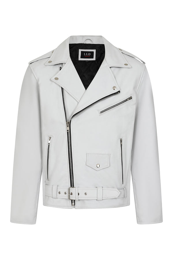 White genuine calf leather biker jacket by LLD Original, featuring a classic design and belt detail.